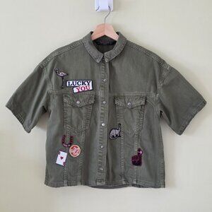 Zara Denim Jacket Women S Green Snap Buttons Cotton SS Patches Distressed Hippie